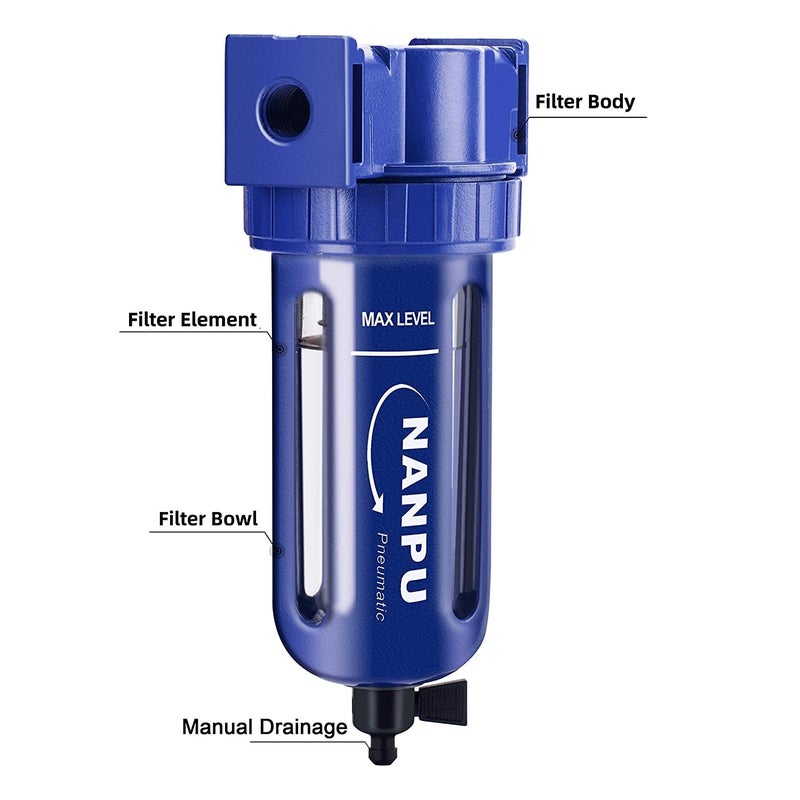 NANPU 1/2" NPT Compressed Air Filter, Zinc Alloy, 5 Micron Brass Element, Quick Release Bowl, Manual Drain, for Air Compressor ＆ Pneumatic Tools - Image 2